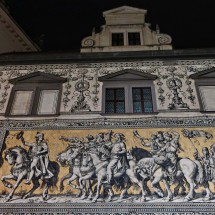 Left side of the 102 meters long mural Procession of Princes in the street Augustenstrasse which shows the rulers of Saxony between 1127 and 1904